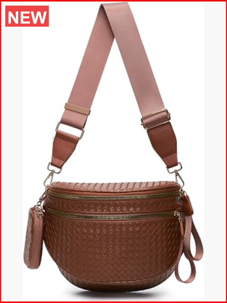 Woven Vegan Leather Crossbody Bag With Detachable Coin Purse, Adjustable Wide